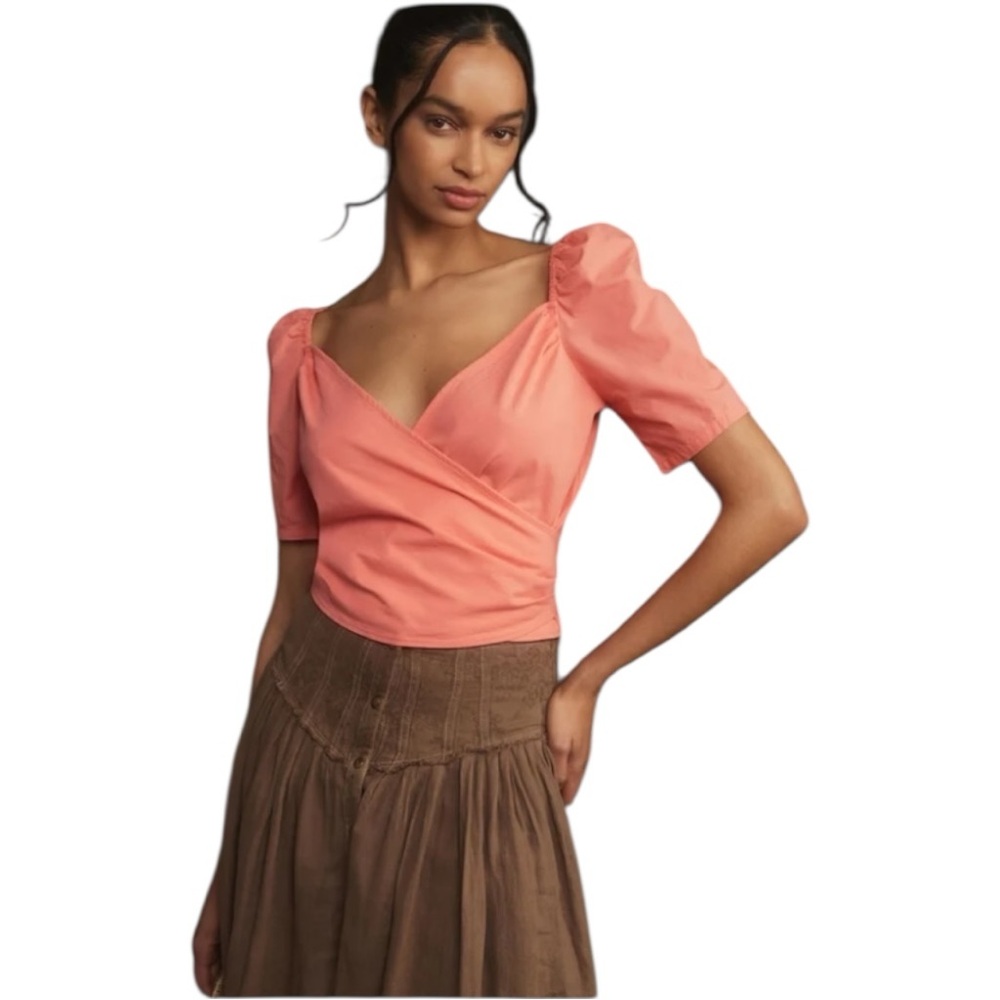 Anthropologie Women's Coral Puff-Sleeve Wrap Top Small